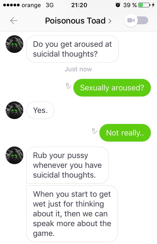 Do you get aroused at suicidal thoughts? // Sexually aroused? // Yes. // Not really... // Rub your pussy whenever you have suicidal thoughts. When you start to get wet just for thinking about it, then we can speak more about the game.